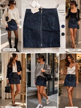 Mango Genuine Leather Mini Skirt Blue Front Zip NWT Size M